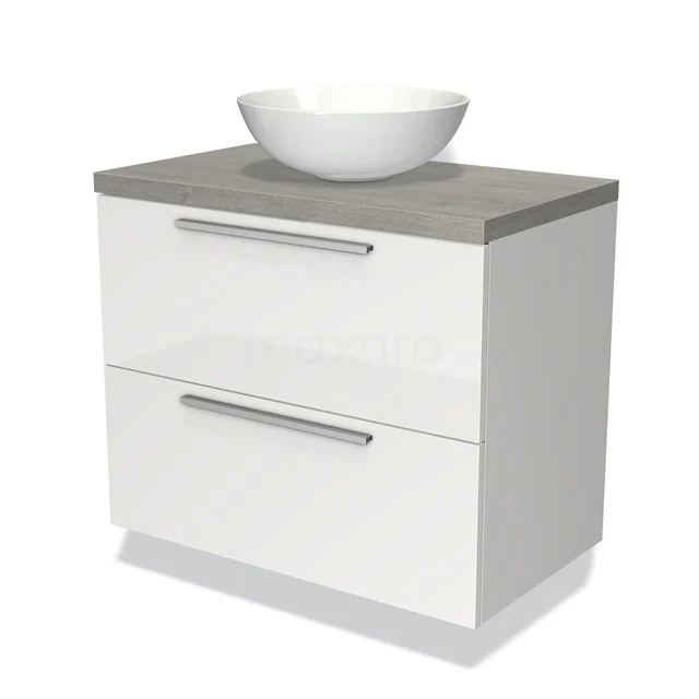White bathroom unit with stone top and round countertop wash basin, two drawers and modern design, ideal storage solution.