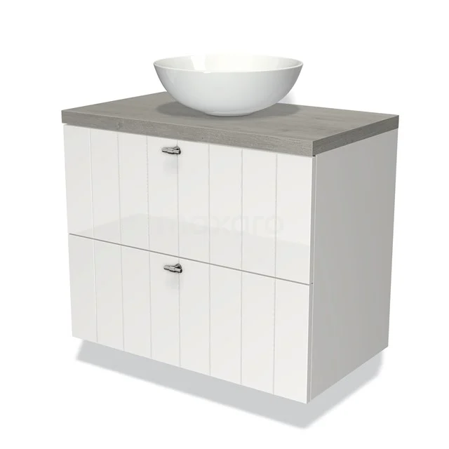 Weiße Badmöbel mit Holzlook Platte, keramischem Aufsatzwaschbecken und zwei Schubladen; modernes und praktisches Design.