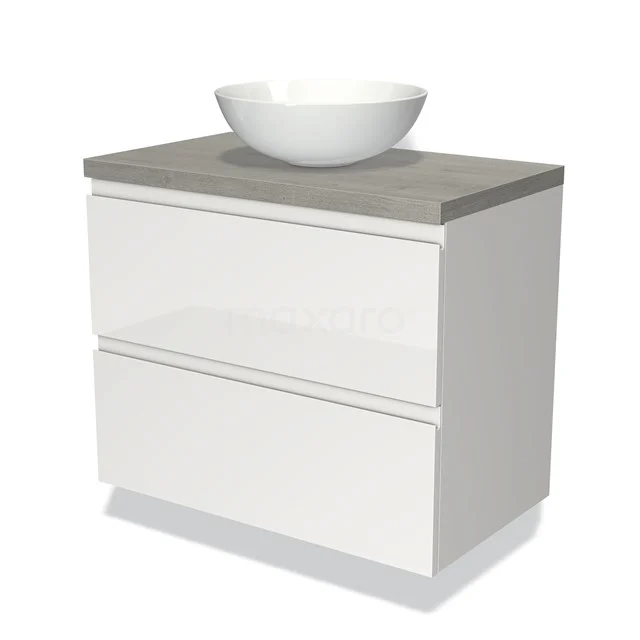 Badmöbel für Aufsatzwaschbecken 80cm Modulo Plato Hochglanz Weiß 2 Schubladen Grifflos Graue Eiche Platte BMK17-00524 Weißes Badezimmermöbel mit Betongrau Platte und einem runden weißen Aufsatzwaschbecken, modernes Design mit zwei Schubladen.