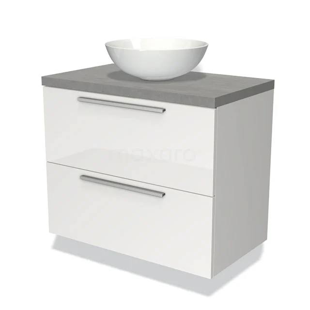 White bathroom unit with grey ceramic basin, two-drawer design and sleek modern look. Perfect for any bathroom style.