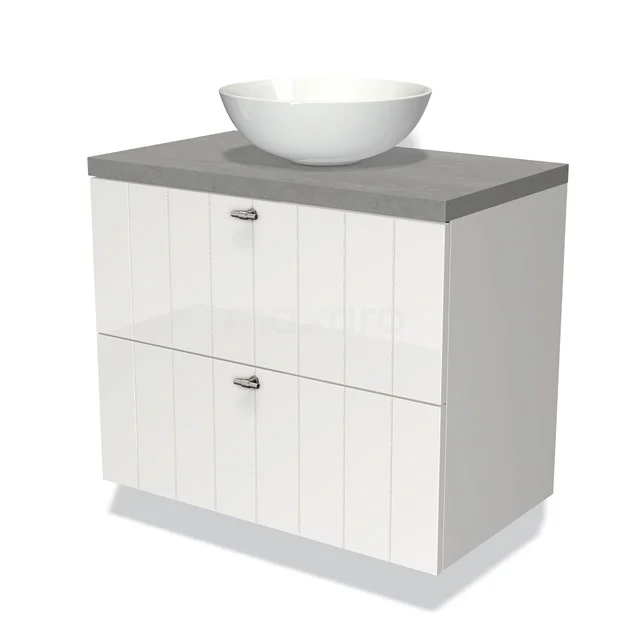 White bathroom unit with grey concrete worktop, round white countertop wash basin and two drawers with vertical ribbing.