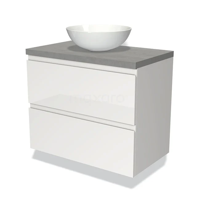 Badmöbel für Aufsatzwaschbecken 80cm Modulo Plato Hochglanz Weiß 2 Schubladen Grifflos Hellgrauer Beton Platte BMK17-00527 Weißes Badezimmermöbel mit grauer Platte und rundem Aufsatzwaschbecken, modernes Design, zwei Schubladen für optimalen Stauraum.