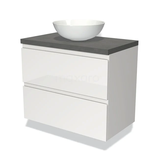 Weißes Badezimmermöbel mit grauer matter Verbundplatte und rundem Aufsatzwaschbecken, ideal für eine moderne Badezimmergestaltung.