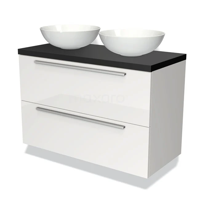 White high-gloss bathroom unit with black top, two round countertop wash basins and metal handles, modern design.