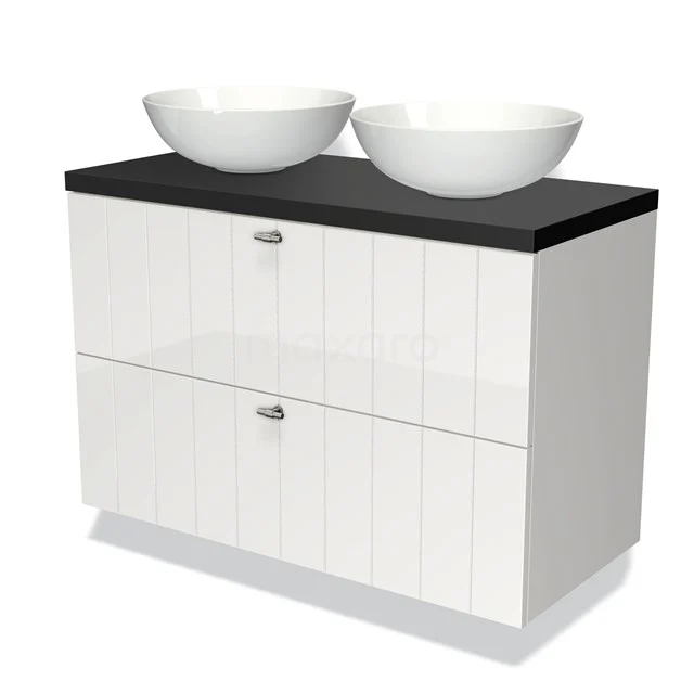 White bathroom unit with two round countertop wash basins, black worktop and metal handles; stylish and functional for modern bathrooms.
