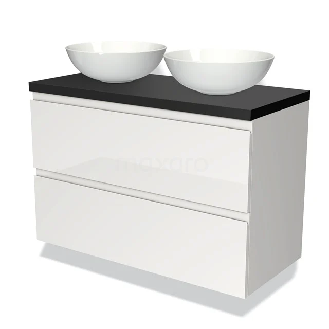 Modern white bathroom furniture set with high-gloss white finish, black top plate and double round countertop wash basins, ideal for contemporary bathrooms.
