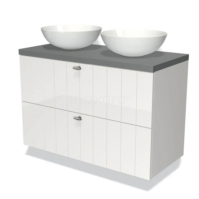 Weißes Badezimmermöbel mit Doppelwaschbecken, grauer Platte und modernen Schubladen, ideal für einen stilvollen Badezimmerraum.