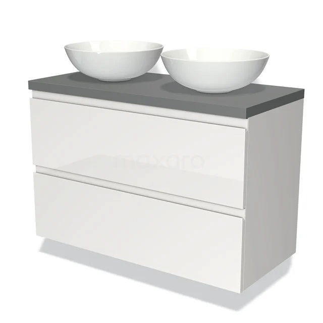 Badmöbel für Waschtischunterschrank mit Konsole 100cm Modulo Plato Hochglanz Weiß 2 Schubladen Grifflos Mittelgrau Platte BMK17-00536 Weißes Badezimmermöbel mit zwei runden Aufsatzwaschbecken, graue Platte, moderne Ausstrahlung und schnittiges Design. Perfekt für Badezimmerrenovierung.