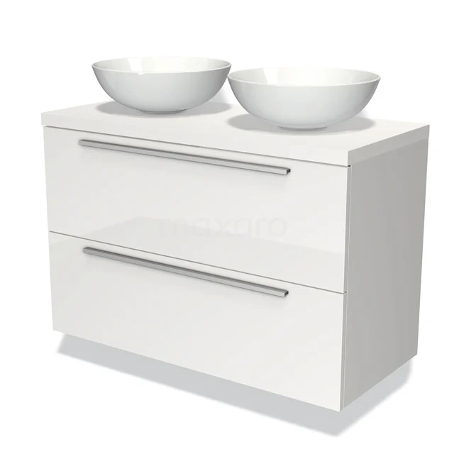 White vanity unit with double round countertop wash basins, glossy finish and sleek metal handles, ideal for a modern bathroom.