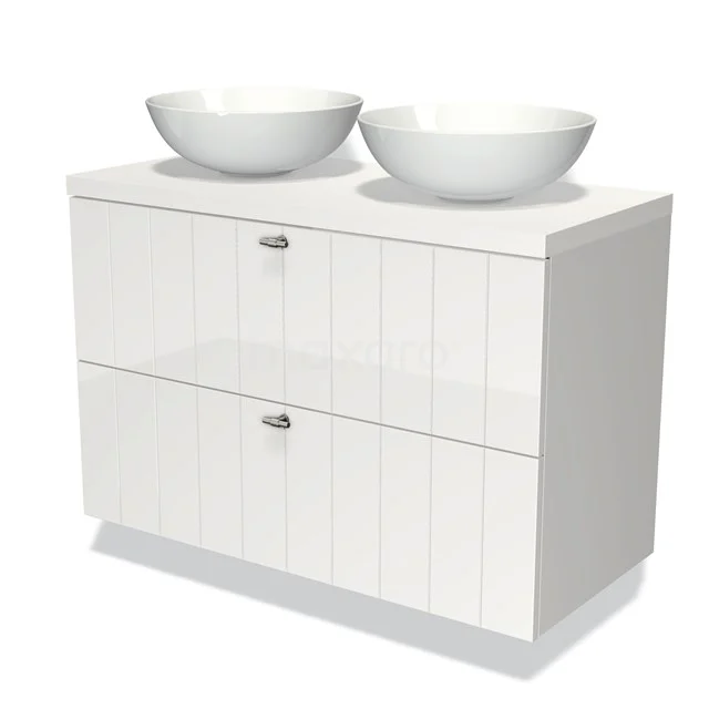 White bathroom unit with double bowl vanity units with basins, modern design, glossy surface and two spacious drawers.