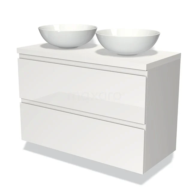 Badmöbel für Waschtischunterschrank mit Konsole 100cm Modulo Plato Hochglanz Weiß 2 Schubladen Grifflos Matt Weiß Platte BMK17-00539 Weißes Badezimmermöbel mit zwei runden Aufsatz-Waschbecken, Hochglanz-Oberfläche und minimalistischem Design.