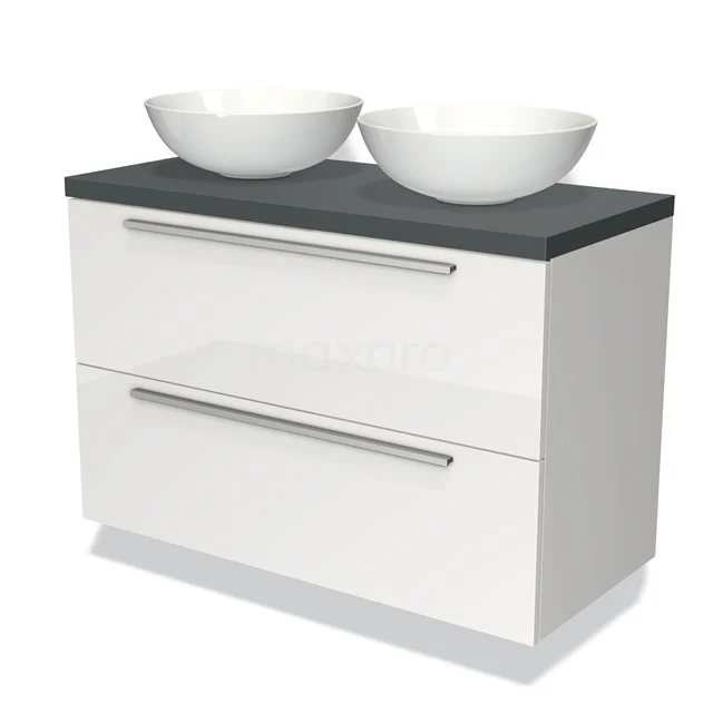 White bathroom unit with two round vanity units for countertop wash basins, black stone worktop, sleek design, ideal for modern bathroom style.