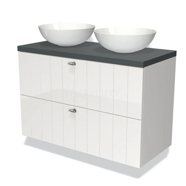 White bathroom unit with double round countertop wash basins, black stone worktop and two handleless drawers for modern bathroom storage.