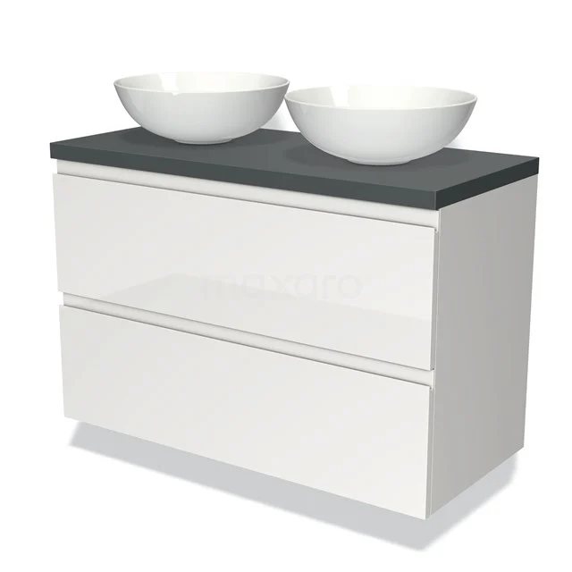 White bathroom unit with two round countertop wash basins and black worktop, modern design with high-gloss finish.