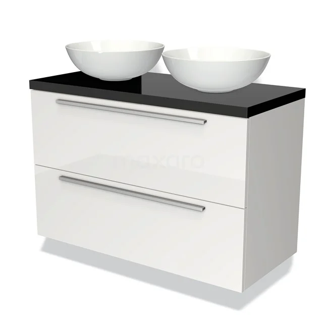 Weißes Badmöbel mit schwarzer Platte, zwei runden Waschbecken und chromfarbenen Haltegriffen, modernes Design für stilvolle Bäder.