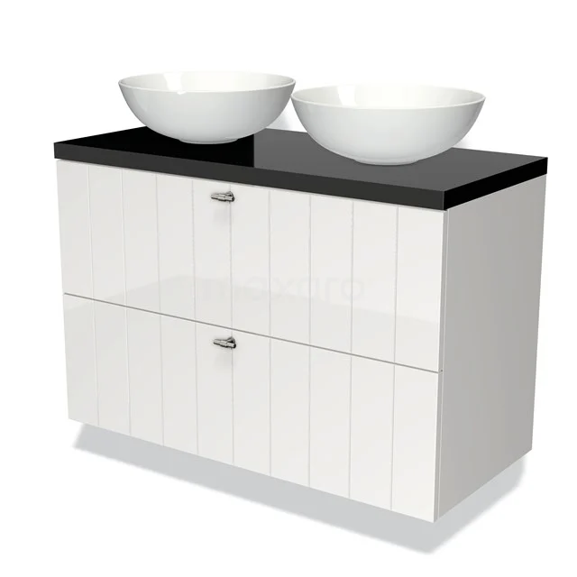 Weißes Badmöbel mit schwarzer Platte, zwei runden Waschbecken und silberfarbenen Griffen, modernes Design für stilvolle Bäder.