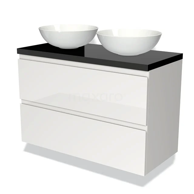 Weiße Badmöbelset mit zwei runden Waschbecken, schwarzer Platte und glänzender Oberfläche, ideal für moderne Bäder.