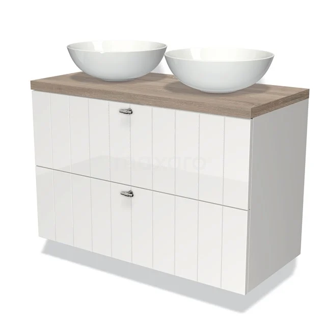 White bathroom unit with wood-look worktop, two white round vanity units for countertop wash basins and horizontal rib details for a modern bathroom style.