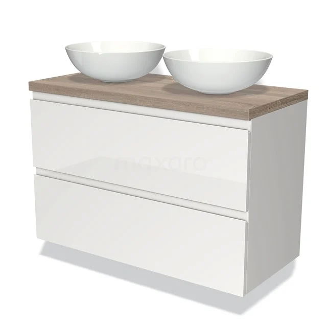 White bathroom unit with two round countertop wash basins and a wooden top, perfect for a modern bathroom design.