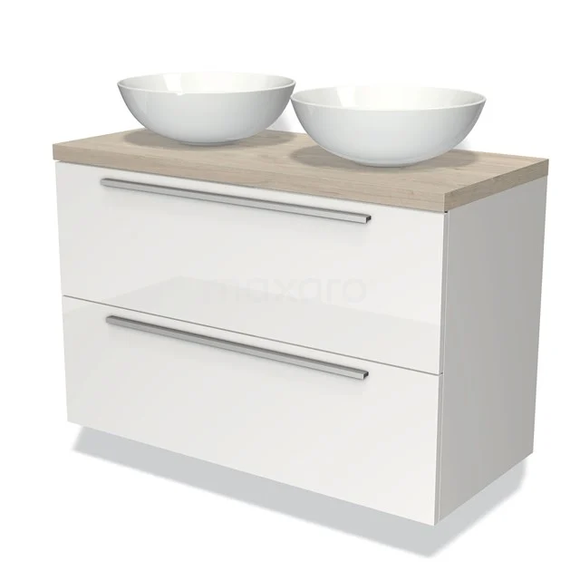 Waschtischunterschrank mit Konsole 100cm Modulo Plato Hochglanz Weiß 2 Schubladen Flach hellgraue Eiche Platte BMK17-00549 Moderne weiße Badmöbel mit holzfarbener Platte, Doppelwaschbecken und zwei Schubladen für stilvolle und praktische Badezimmerlagerung.