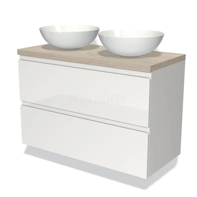 Weißes Badezimmermöbel mit holzfarbener Platte, doppelten runden Aufsatzwaschbecken und zwei Schubladen, moderne Ausstrahlung für jedes Badezimmer.