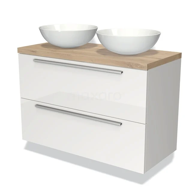 Weißes Badezimmermöbel mit Holzlook Platte, zwei Aufsatz Waschbecken und modernen Schubladen, perfekt für ein stilvolles Badezimmer.