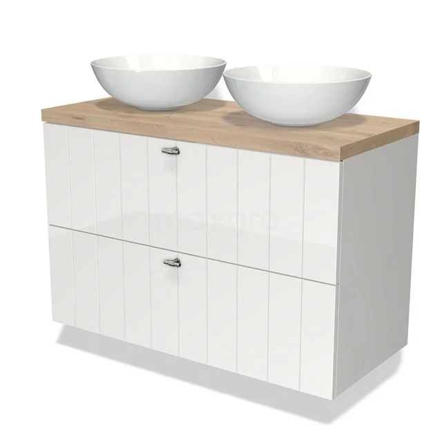 White bathroom furniture set with double countertop wash basins, wood-look worktop and two drawers, ideal for modern bathroom design.