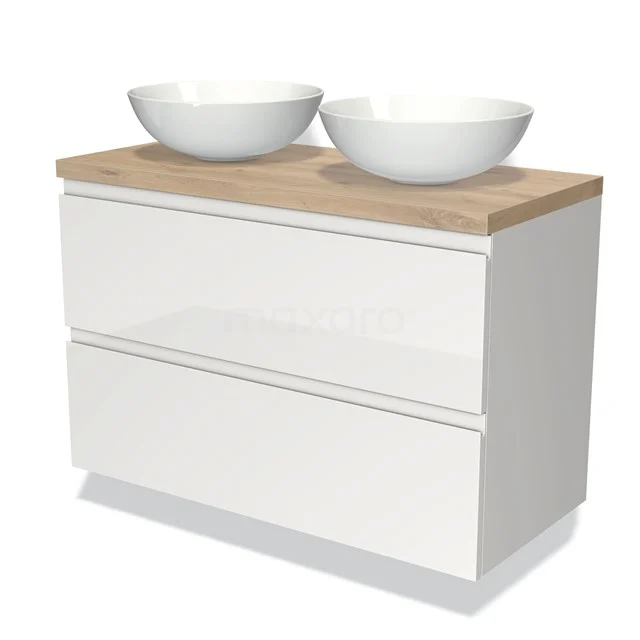 Weißes Badezimmermöbel mit zwei runden Waschbecken, Holzplatte und modernen Schubladen; stilvolle Ergänzung für jedes Badezimmer.