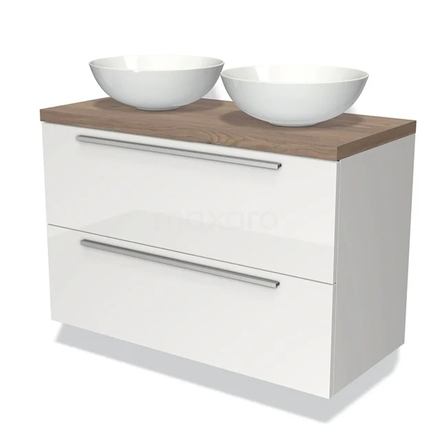 Badmöbel für Waschtischunterschrank mit Konsole 100cm Modulo Plato Hochglanz Weiß 2 Schubladen Flach mittelbraune Eiche Platte BMK17-00555 Weißes Badmöbel mit zwei Aufsatzwaschbecken, Holzplatte und Schubladen; modernes Design für stilvolle Badezimmergestaltung.