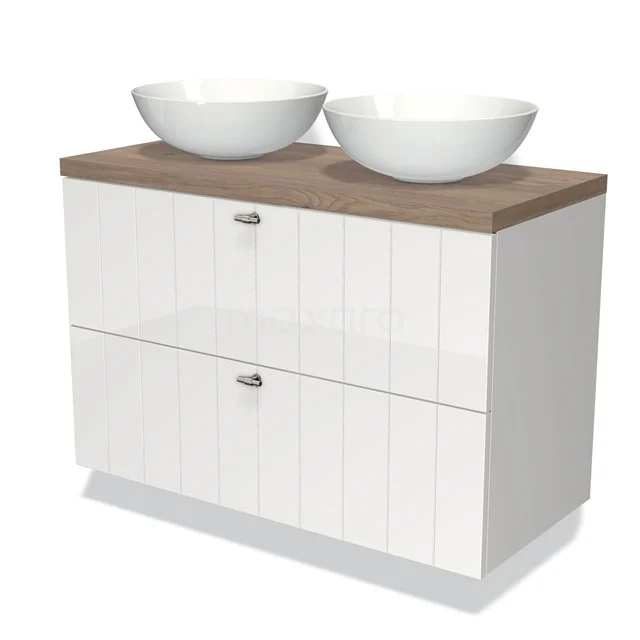 Modulo Plato Vanity units for countertop basin | 100 cm High-gloss white Slat front Mid brown oak worktop 2 Stacked drawers BMK17-00556 White bathroom unit with wood-look worktop, two round basins and soft-close drawers, ideal for modern bathroom design.