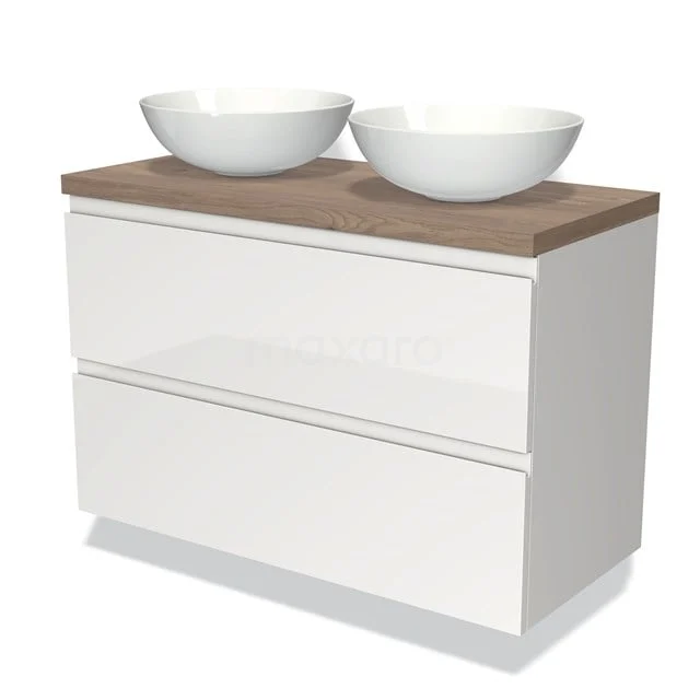 Badmöbel für Aufsatzwaschbecken 100cm Modulo Plato Hochglanz Weiß 2 Schubladen Grifflos mittelbraune Eiche Platte BMK17-00557 Weiße Badmöbelset mit holzfarbener Platte und doppelten runden Waschbecken, modernes Design, ideal für stilvolle Bäder.