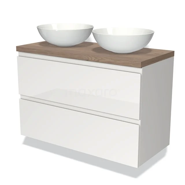 Weiße Badmöbelset mit holzfarbener Platte und doppelten runden Waschbecken, modernes Design, ideal für stilvolle Bäder.