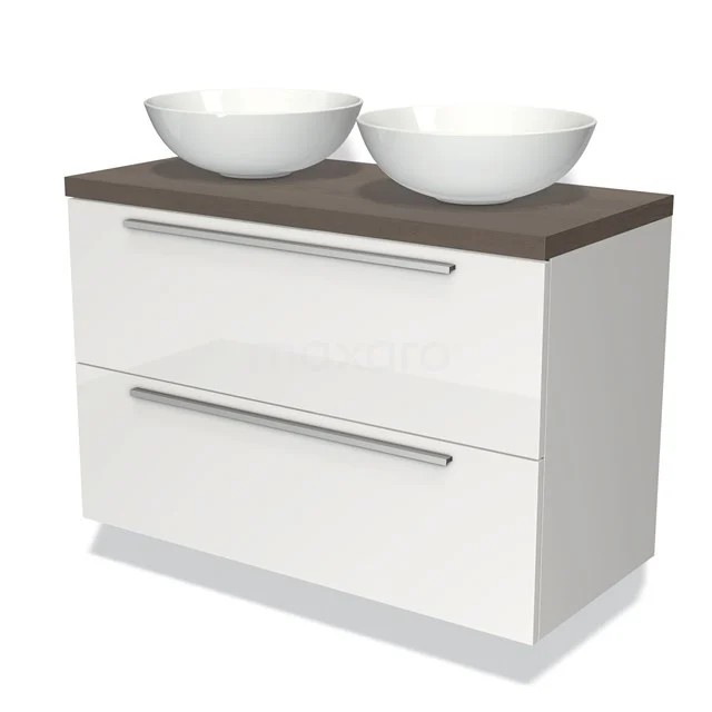 Weißes schwebendes Badezimmermöbel mit zwei Schubladen, Holzplatte und doppelten runden Aufsatzwaschbecken, modernes Design.