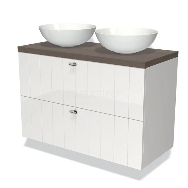 Badmöbel für Waschtischunterschrank mit Konsole 100cm Modulo Plato Hochglanz Weiß 2 Schubladen Lamelle Dunkelbraune Eiche Platte BMK17-00559 Weißes Badezimmermöbel mit Holzlook Platte, doppeltem Aufsatzwaschbecken und zwei Schubladen, ideal für eine moderne Badezimmergestaltung.