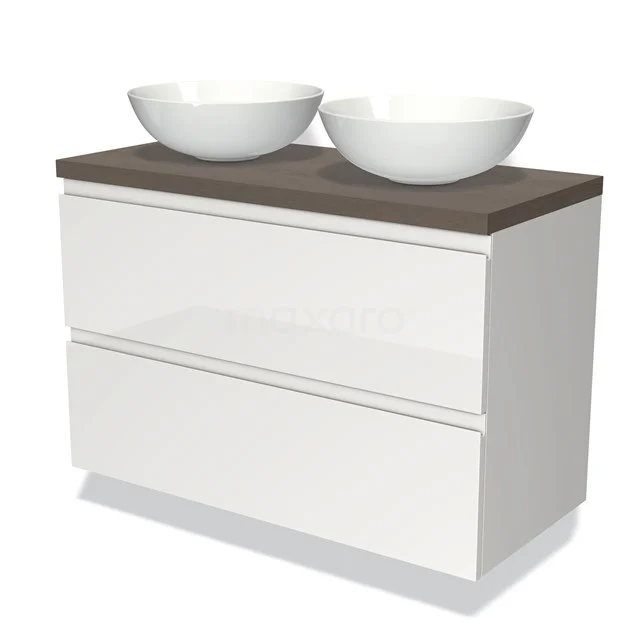 Weißes Badezimmermöbel mit zwei runden Aufsatzwaschbecken, Holzlook Platte und modernen Schubladen, ideal für eine stilvolle Badezimmergestaltung.