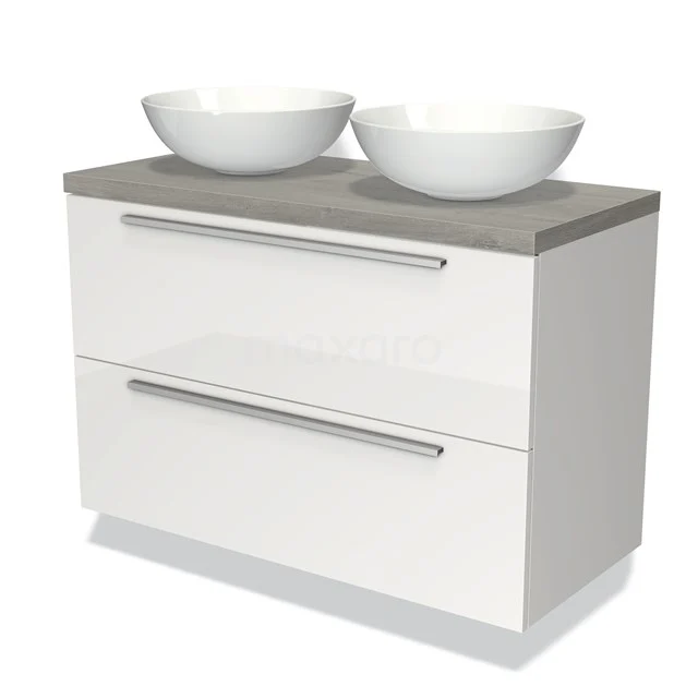 Moderne weiße Badmöbelset mit grauem Betonlook Platte und doppeltem Aufsatzwaschbecken, perfekt für stilvolle Badezimmergestaltung.