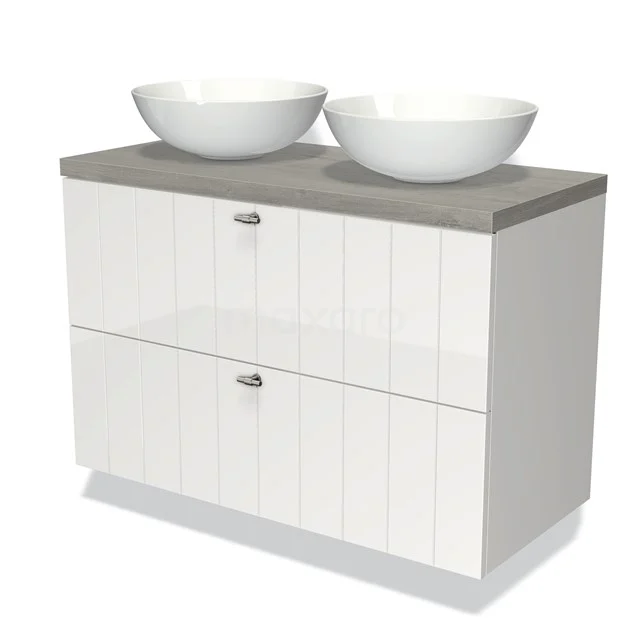 White bathroom unit with two white countertop wash basins and a grey wood-look top, modern design with handleless drawers.