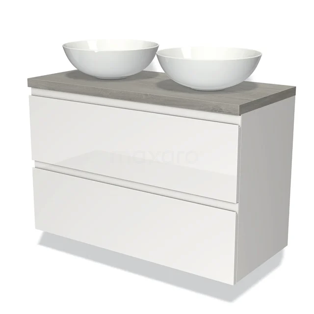 Weißes Badezimmermöbel mit 2 runden Aufsatzwaschbecken, graue Holzplatte, modernes Design, perfekt für stilvolle Badezimmergestaltungen.