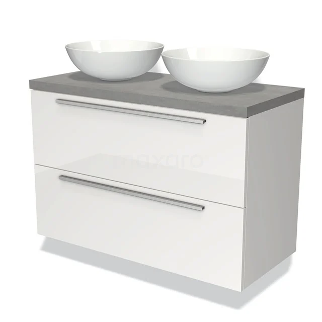 Badmöbel für Waschtischunterschrank mit Konsole 100cm Modulo Plato Hochglanz Weiß 2 Schubladen Flach Hellgrauer Beton Platte BMK17-00564 Weißes Badezimmermöbel mit grauer Platte, doppeltem rundem Waschbecken, zwei Schubladen und modernem Design für stilvolle Bäder.