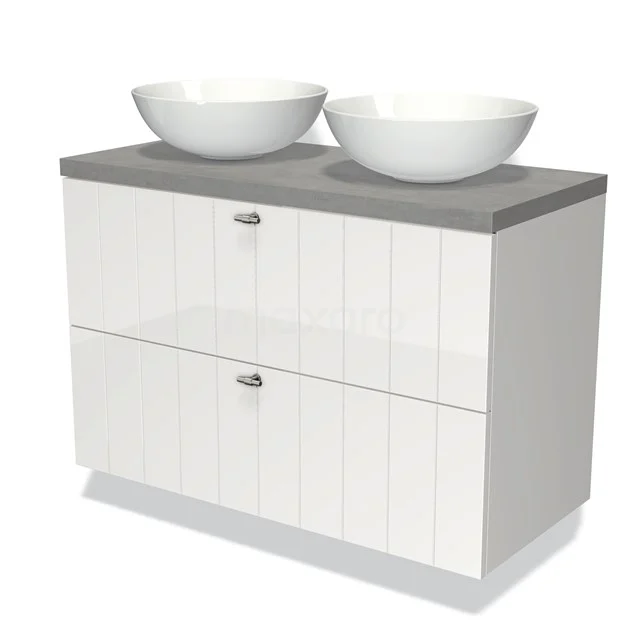 White bathroom unit with double countertop wash basins, grey concrete worktop and vertical lines on the drawer fronts.
