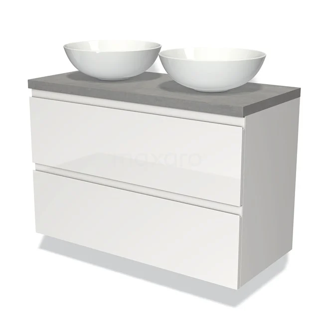 White bathroom unit with double ceramic countertop wash basins, grey top and two drawers, modern design and sleek design.