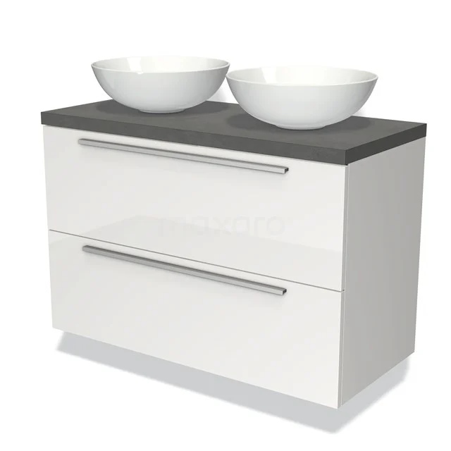 Badmöbel für Aufsatzwaschbecken 100cm Modulo Plato Hochglanz Weiß 2 Schubladen Flach Dunkelgrau Beton Platte BMK17-00567 Weißes hängendes Badmöbel mit zwei runden Waschbecken und einer Dunkelgrau Arbeitsplatte, moderne Ausstrahlung, ideal für geräumige Bäder.