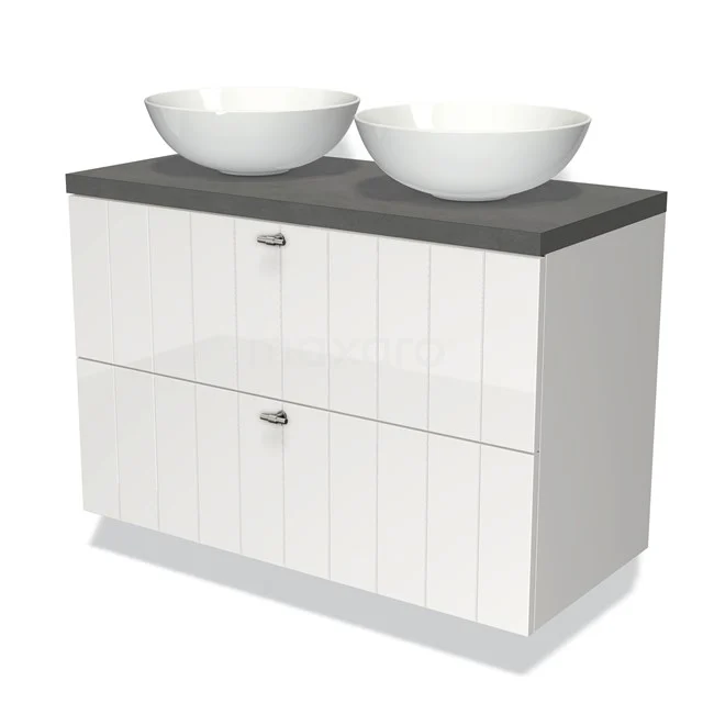 Badmöbel für Aufsatzwaschbecken 100cm Modulo Plato Hochglanz Weiß 2 Schubladen Lamelle Dunkelgrau Beton Platte BMK17-00568 Weiße Badmöbel mit doppelten Aufsatzwaschbecken, graue Platte und vertikalen Linien; modernes Design für ein stilvolles Badezimmer.