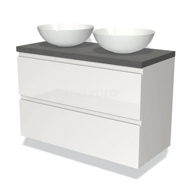 Modern white bathroom cabinet with two round countertop wash basins, grey stone top and two drawers, ideal for stylish bathroom storage.