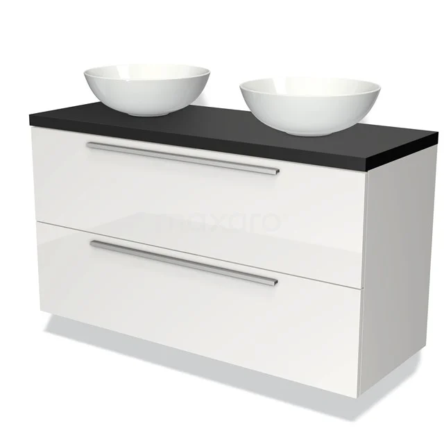 Weiße Badmöbelset mit zwei runden Aufsatzwaschbecken, schwarzer Platte und Schubladen, modernes Design für stilvolle Bäder.