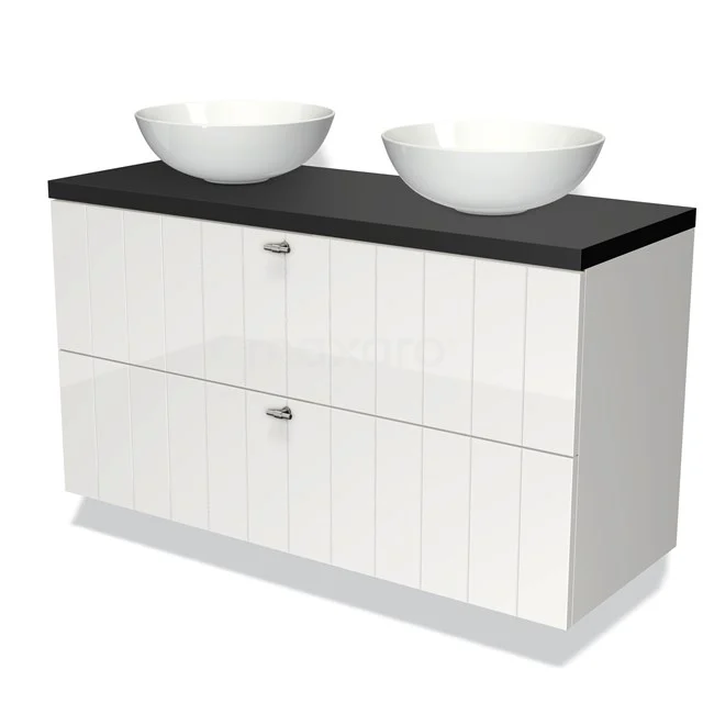 Witte badkamermeubelset met twee waskommen, zwarte bovenblad en hoogglans afwerking, ideaal voor moderne badkamers.
