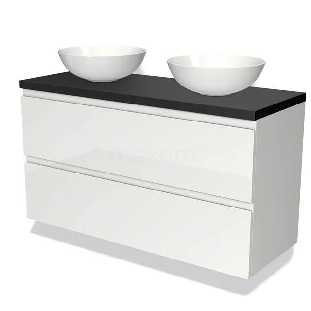 Weißes Hochglanz-Badmöbel mit schwarzer Platte und doppelten runden Waschbecken, modernes Design.