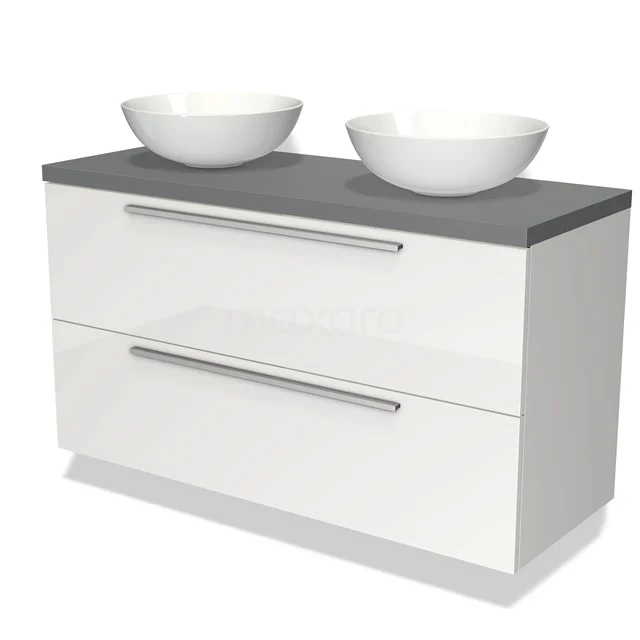 Witte badmeubelset met grijze wastafelblad en twee ronde keramische waskommen, modern design voor elke badkamerstijl.