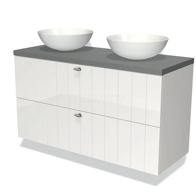 Badmöbel für Waschtischunterschrank mit Konsole 120cm Modulo Plato Hochglanz Weiß 2 Schubladen Lamelle Mittelgrau Platte BMK17-00574 Weißes Badezimmermöbel mit grauer Platte, doppelten runden Aufsatzwaschbecken und schnörkellosem Design, ideal für moderne Bäder.