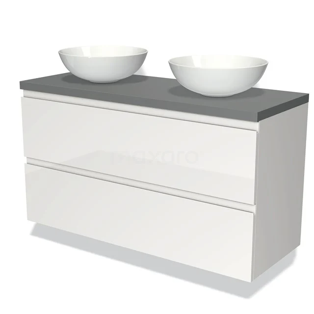 Modulo Plato Vanity units for countertop basin | 120 cm High-gloss white Handle-less front Mid grey worktop 2 Stacked drawers BMK17-00575